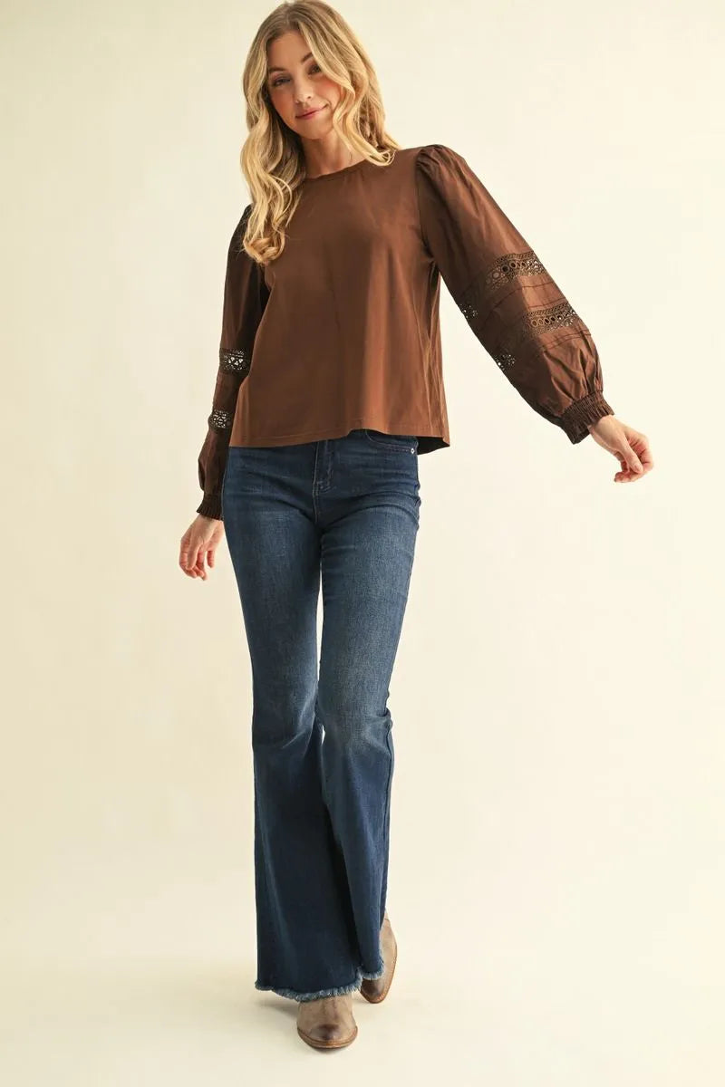 Long Puff Sleeve Mix Media Lace Detail Top