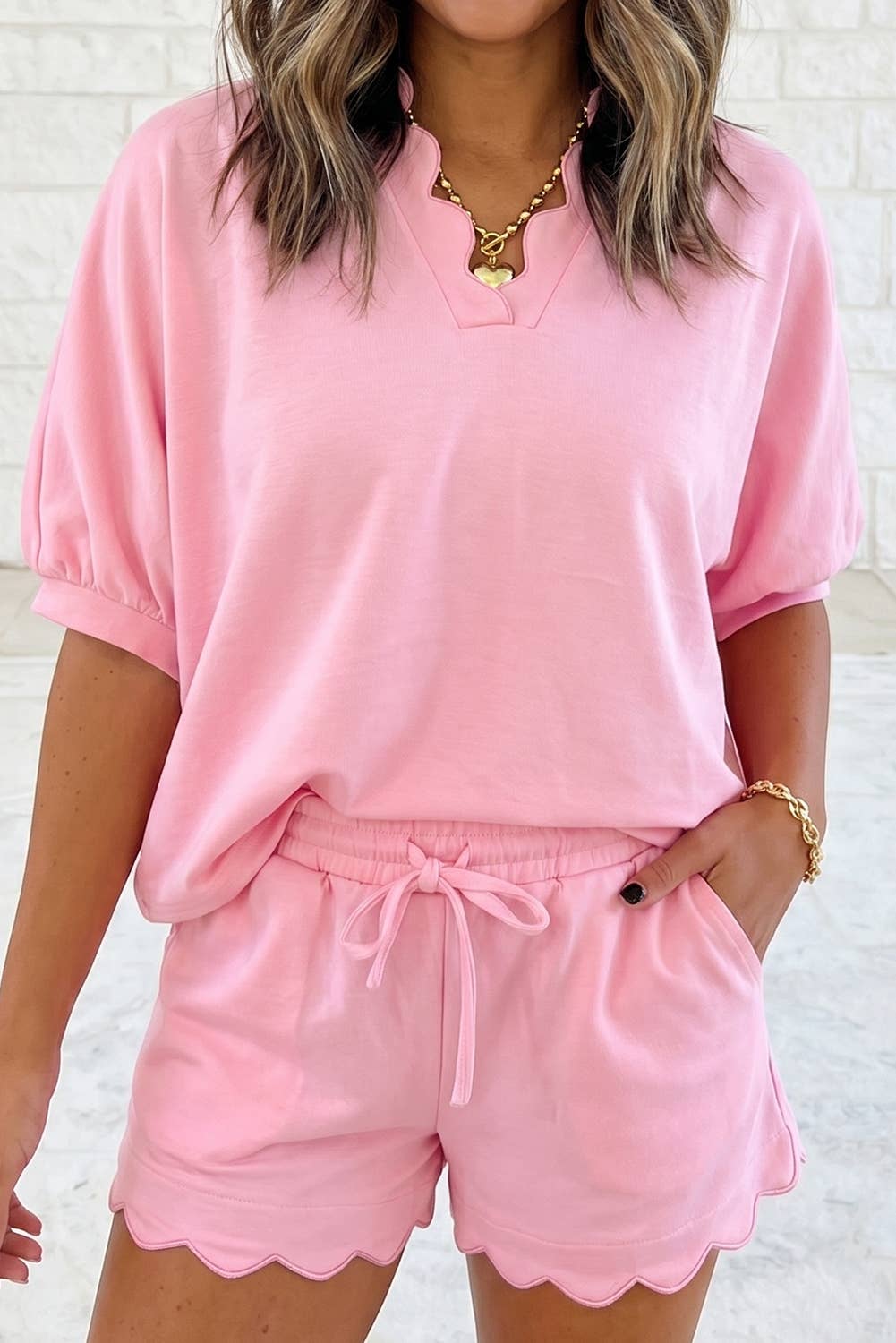 Scalloped V Neck Dolman Oversize Top Drawstring Short Set