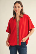 Drop shoulder solid top with faux leather