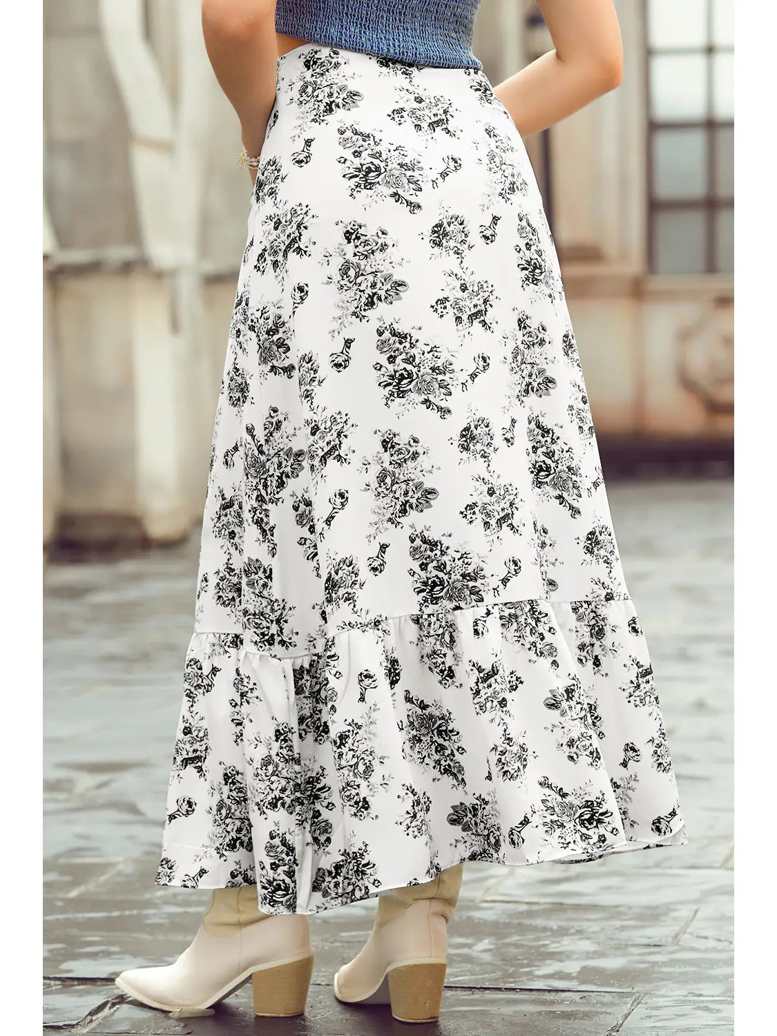 Boho Black Floral High Waist Ruffled Maxi Skirt