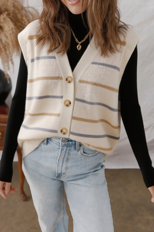 Striped Button Soft Fall V Neck Vest