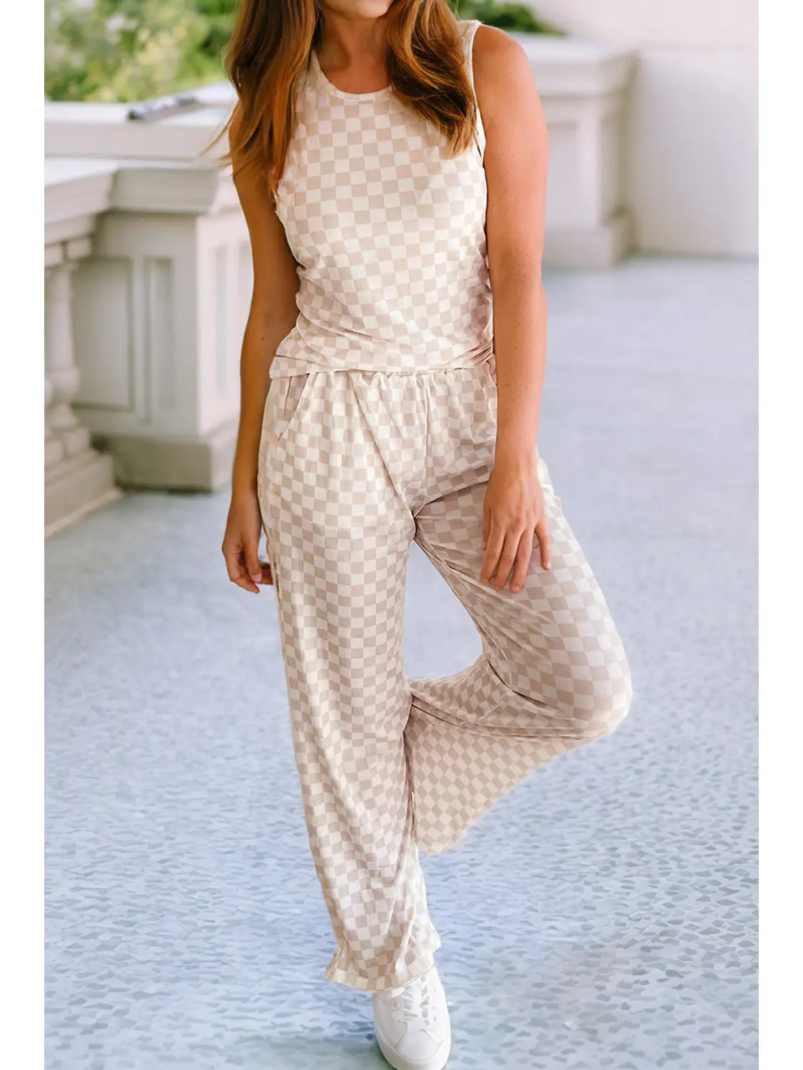 Ribbed Textured Checkered 2 Piece Tank & Pants Set