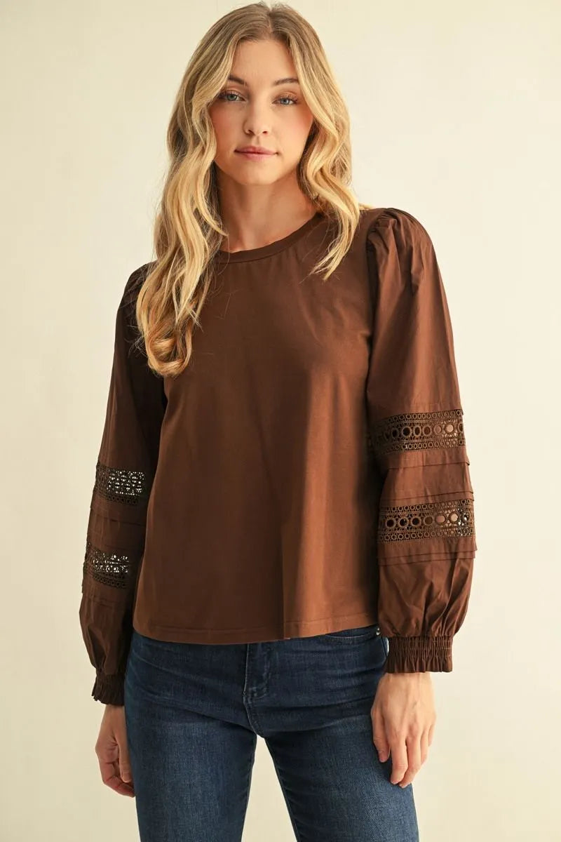 Long Puff Sleeve Mix Media Lace Detail Top