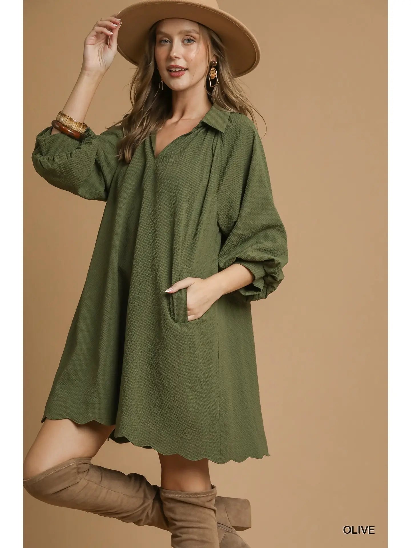 Olive Split V Neck Dress