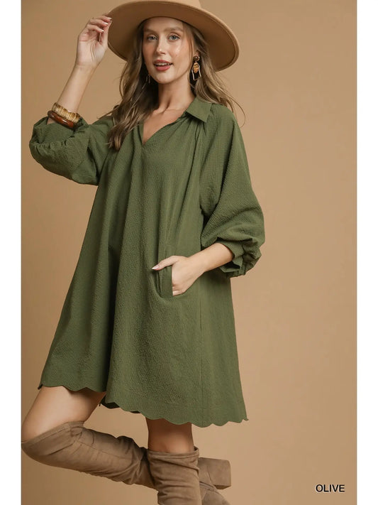 Olive Split V Neck Dress