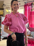 Embroidered Puff Sleeve Pink & Red Top