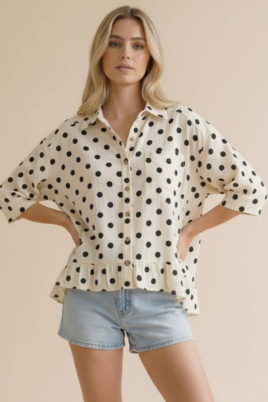 Collared Button Down Peplum Polka Dot Print