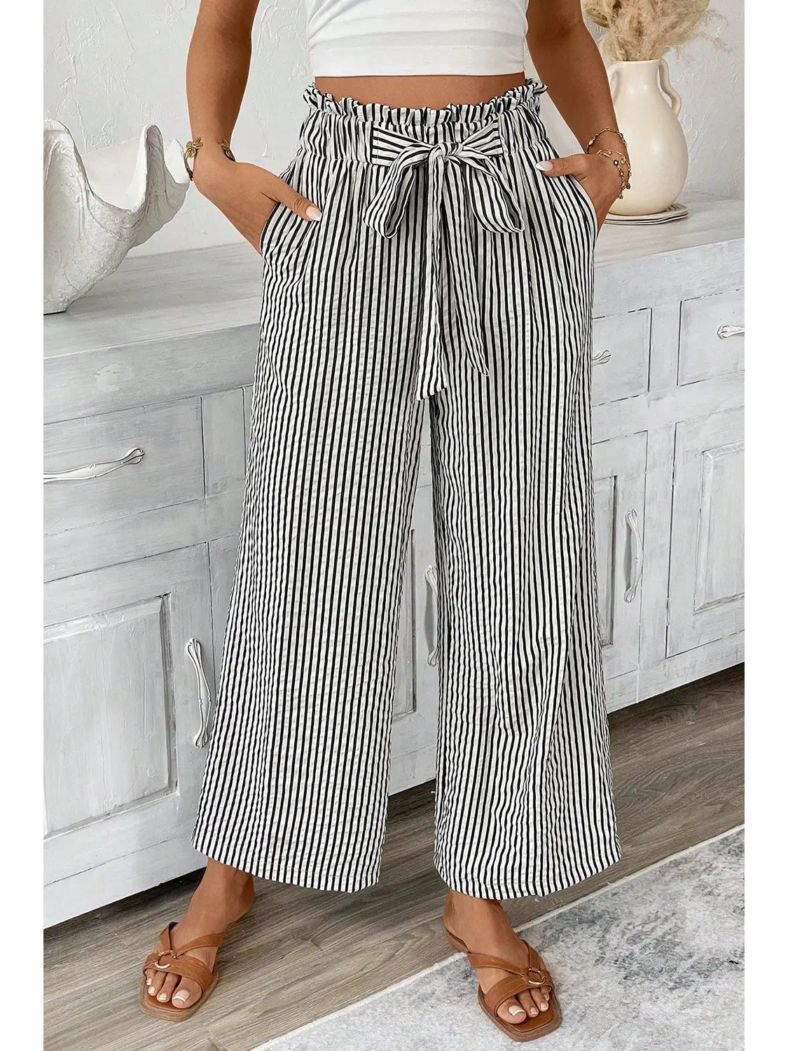 Striped Tie Knot  Wide Leg Pants