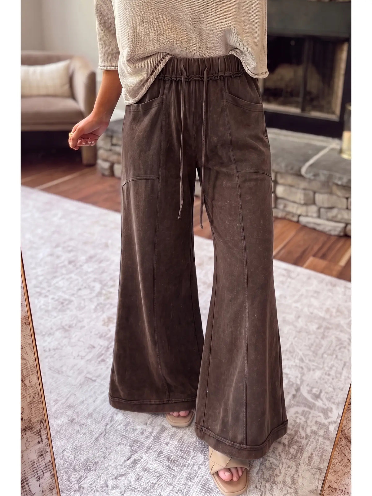 Hot Coffee Mineral Wash Flare Drawstring Pants