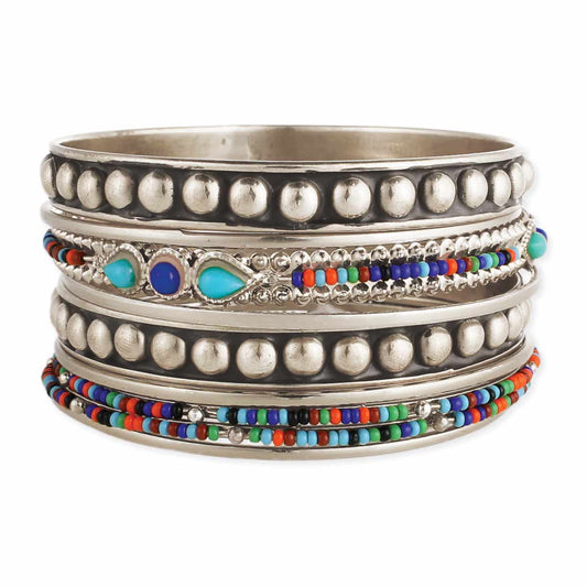 Set of 9 Silver & Multi Bead Bangles