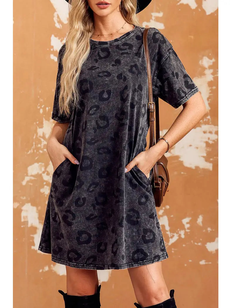 Washed Leopard Shirt Dress with Pockets