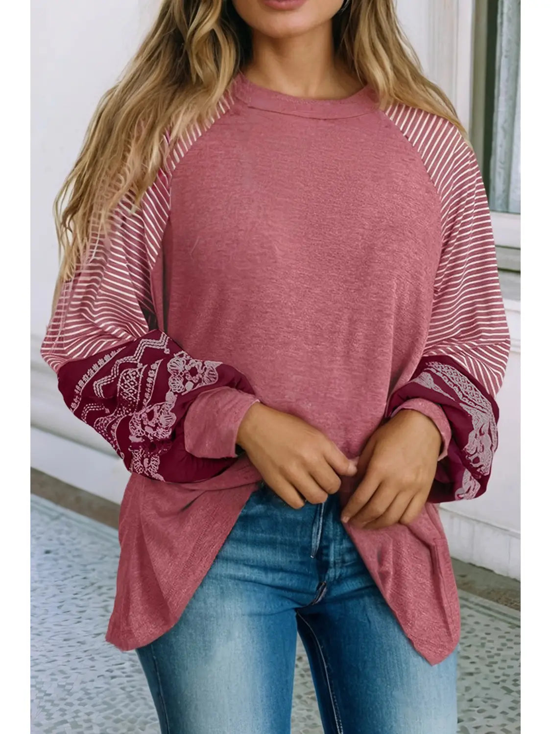 Contrast Print Striped Raglan Long Sleeve Loose Top
