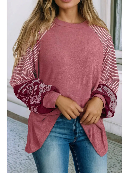 Contrast Print Striped Raglan Long Sleeve Loose Top