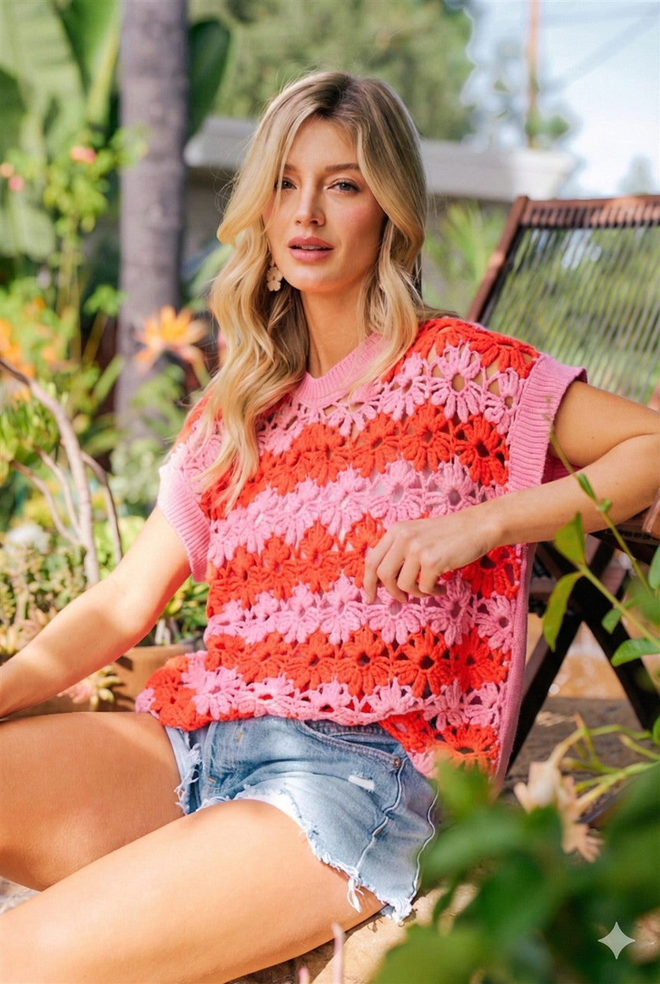 Alternating Floral Crochet Knit Drop Shoulder Top