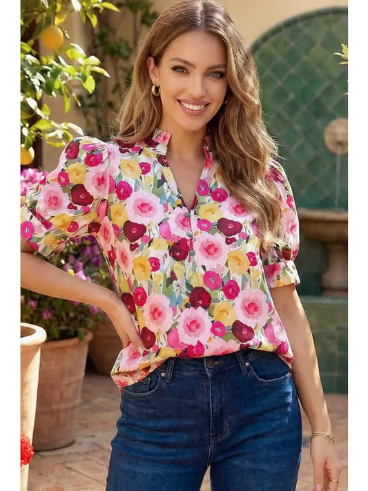 Spring Floral Frilled V Neck Puff Short Sleeve Blouse