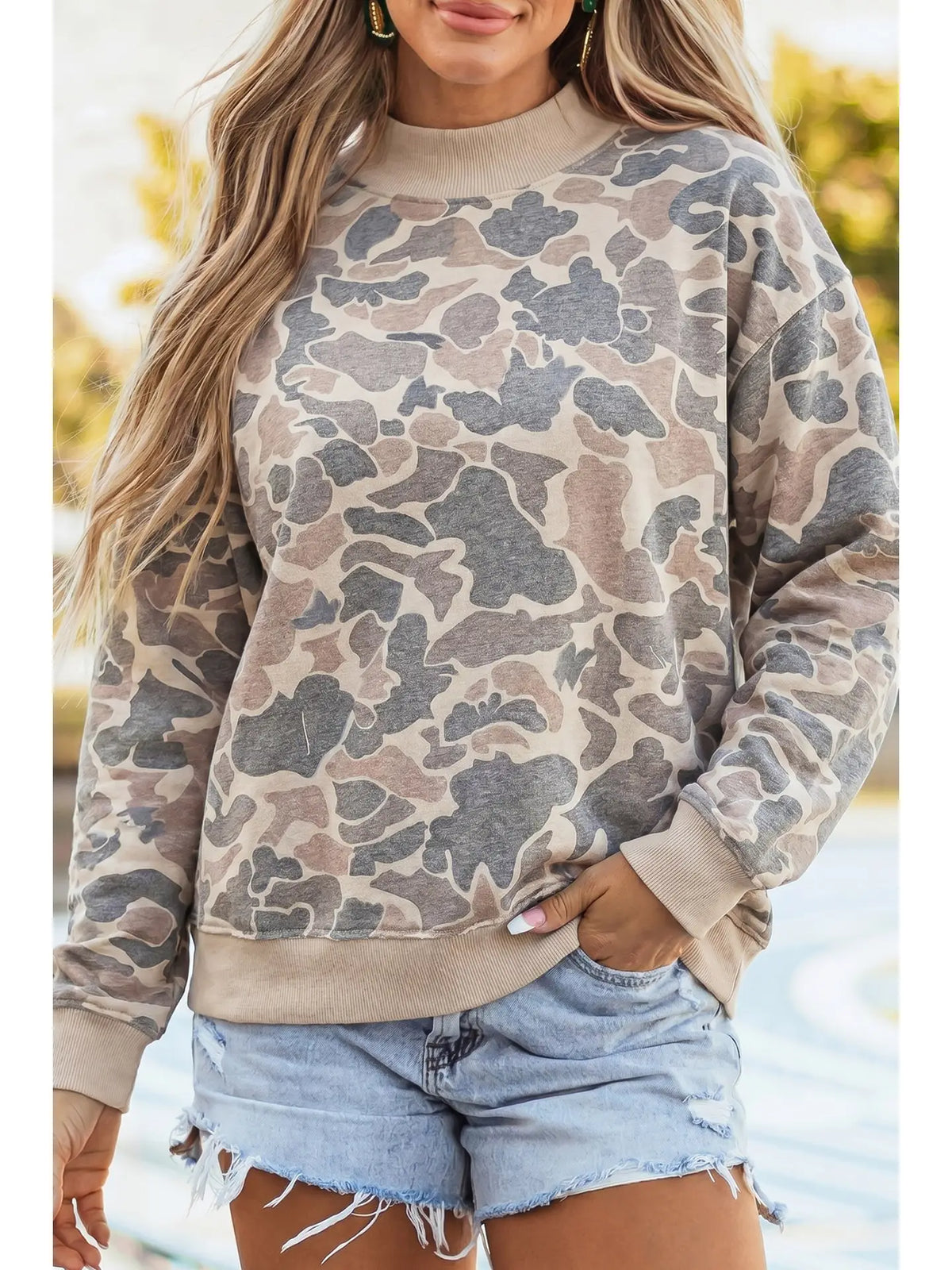 Camouflage Ribbed Mock Neck Pullover