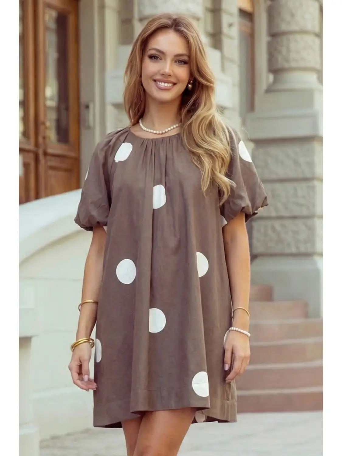Polka Dot Knot Back Puff Sleeve Mini Dress
