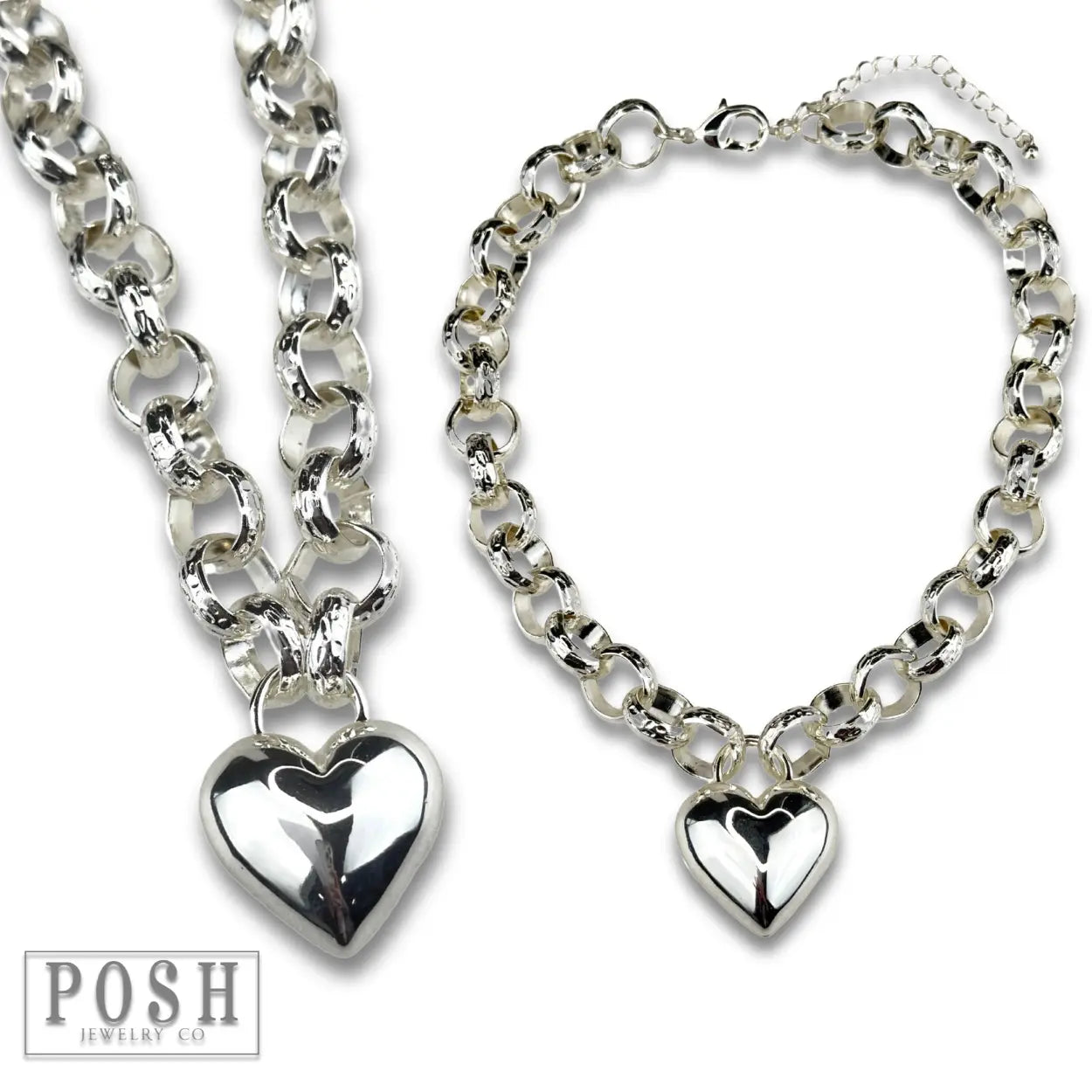 Puffed Heart and Chunky Chain Necklace SILVER