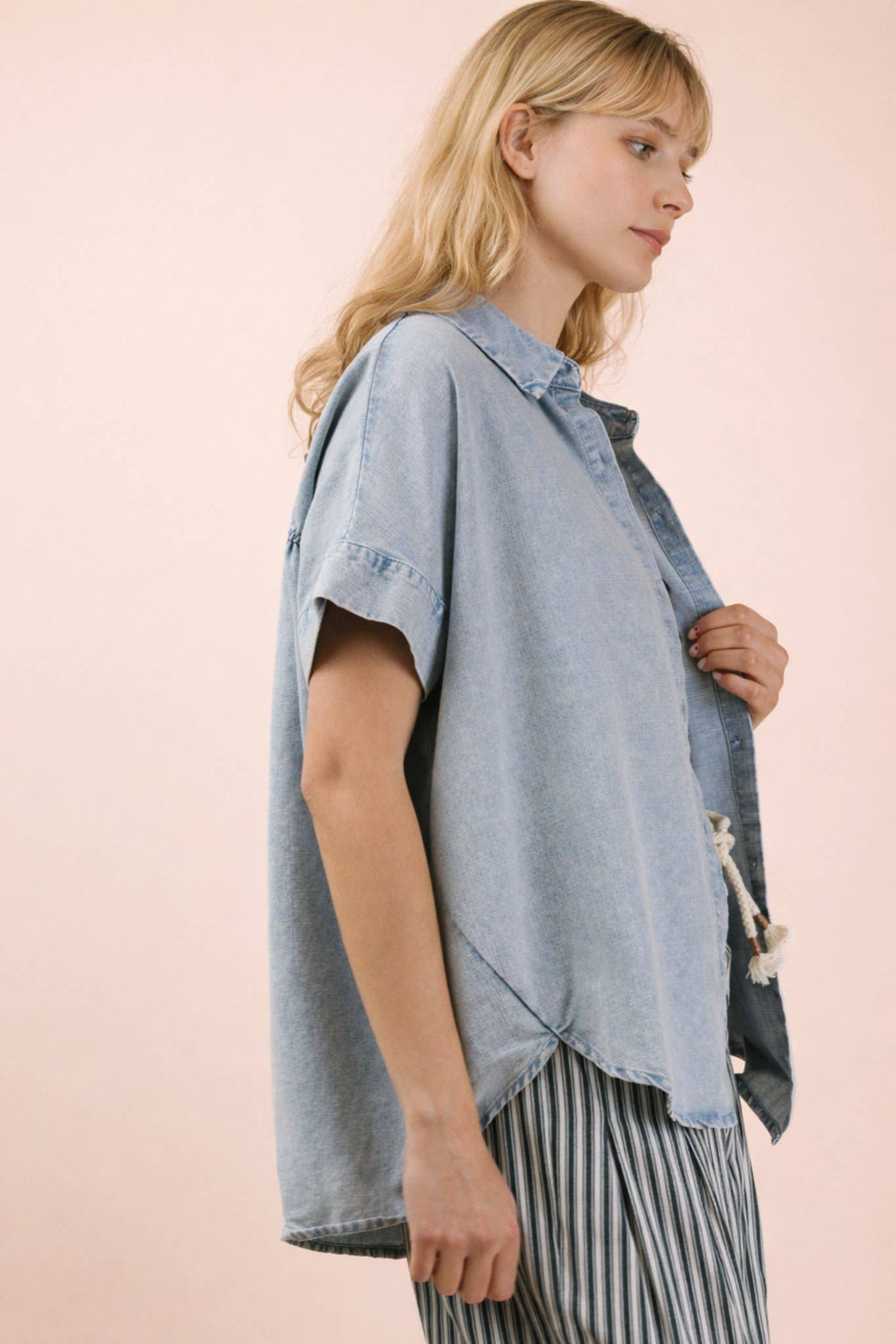 Mineral Washed Chambray Oversized Shirt Top