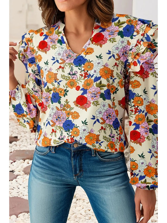 Ruffled Shoulder Long Sleeve Floral Blouse