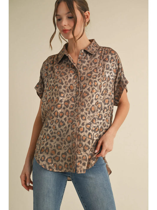 Shiny Taupe Leopard Button Up Top