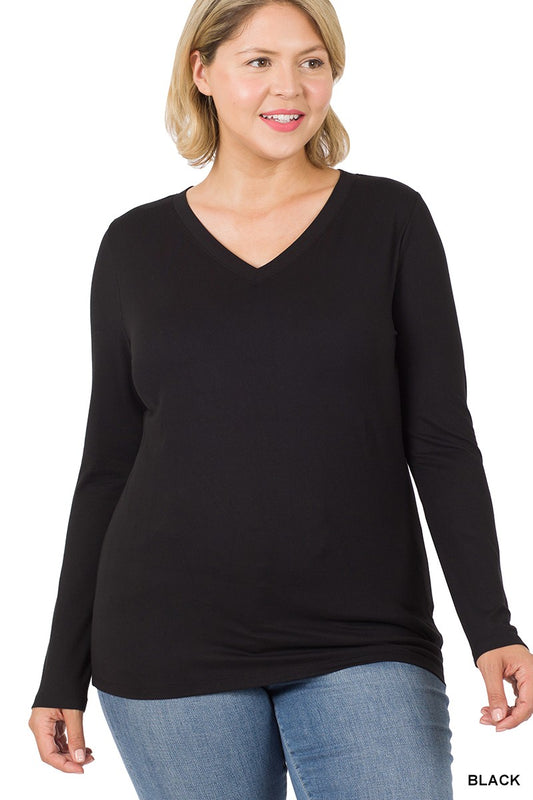 Plus Size Microfiber Long Sleeve V-Neck Tee