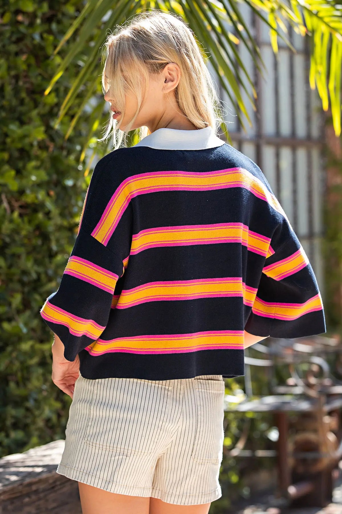 Striped Black Half Sleeve Knit Polo