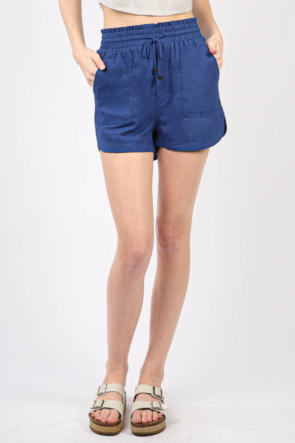 Elastic Waist Solid Linen Shorts - Blue