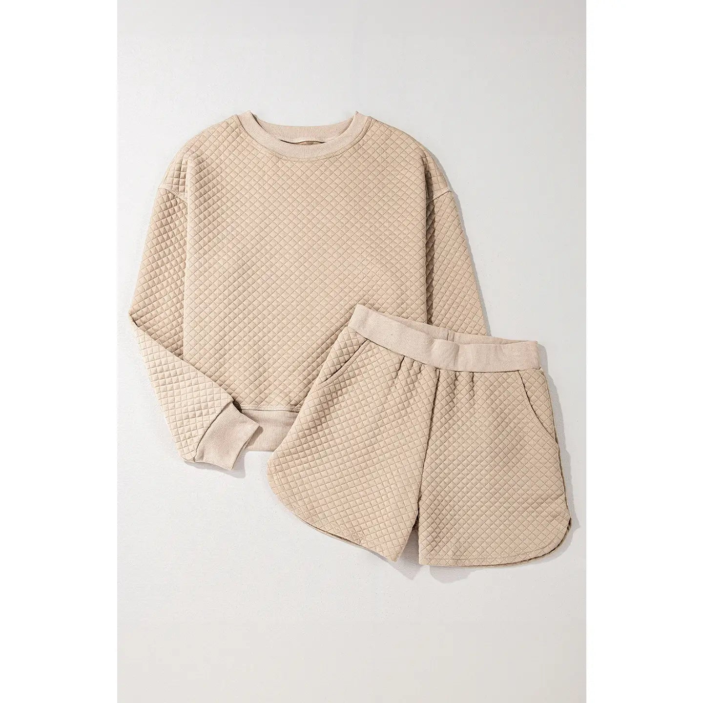 Quilted Plain Long Sleeve Pullover & Shorts Set - Beige