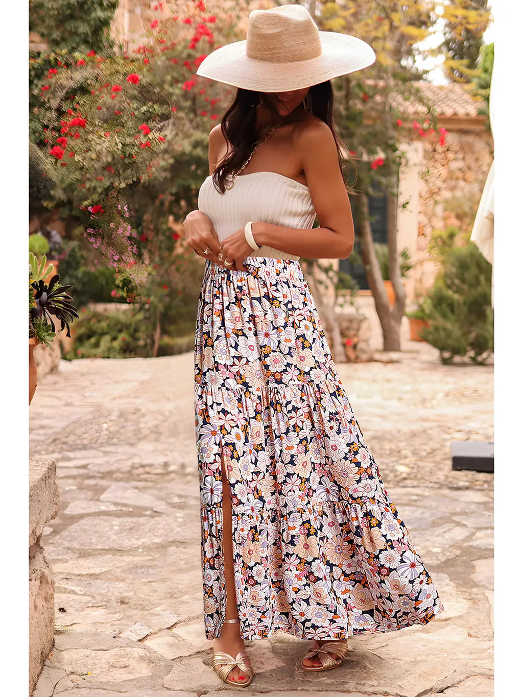 Orange Bohemian Floral Print Maxi Skirt