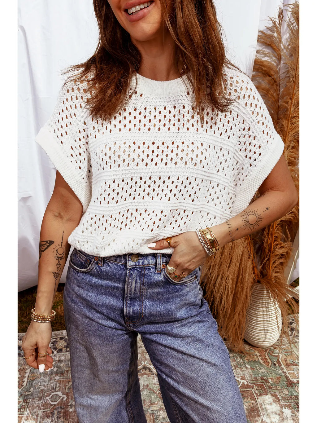 White Hollow Out Knit Dolman Top