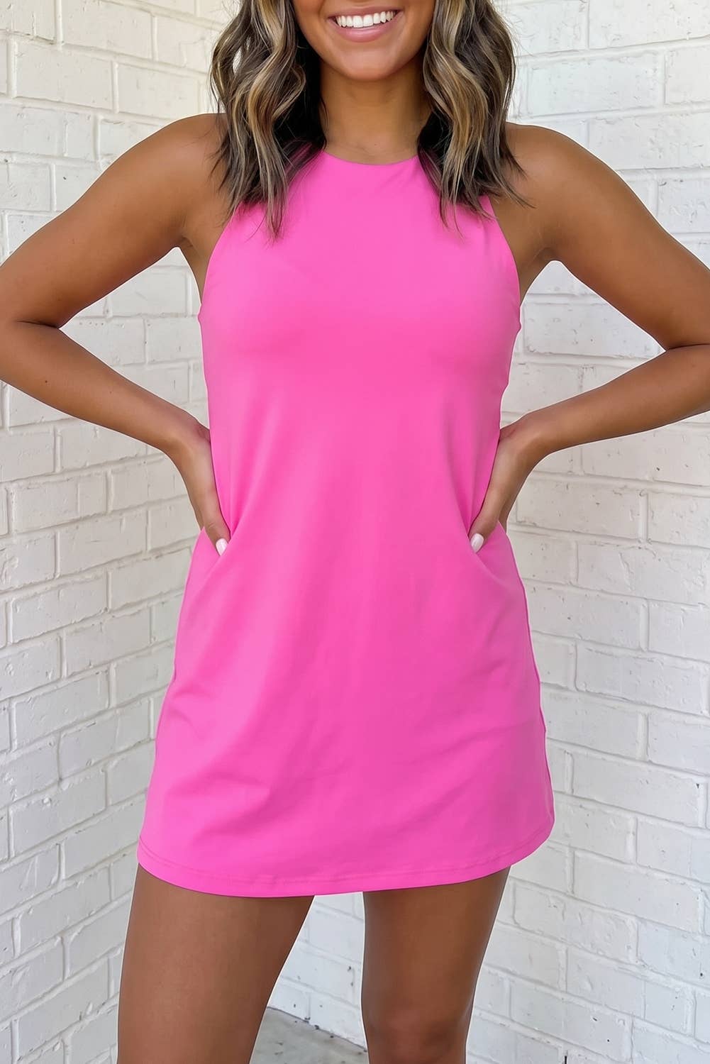 Solid Color Slim Tank Strap Dress with Athletic Shorts