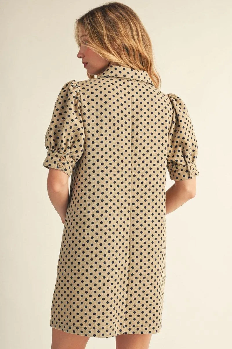 Puff Sleeve Polka Dot Taupe Dress
