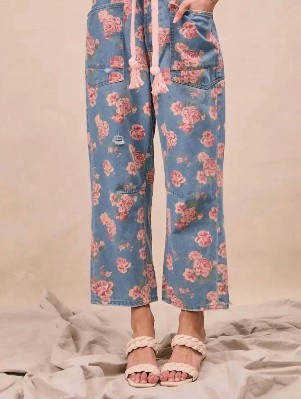 Braided Waist Belt Patch Pockets Floral Print Pants