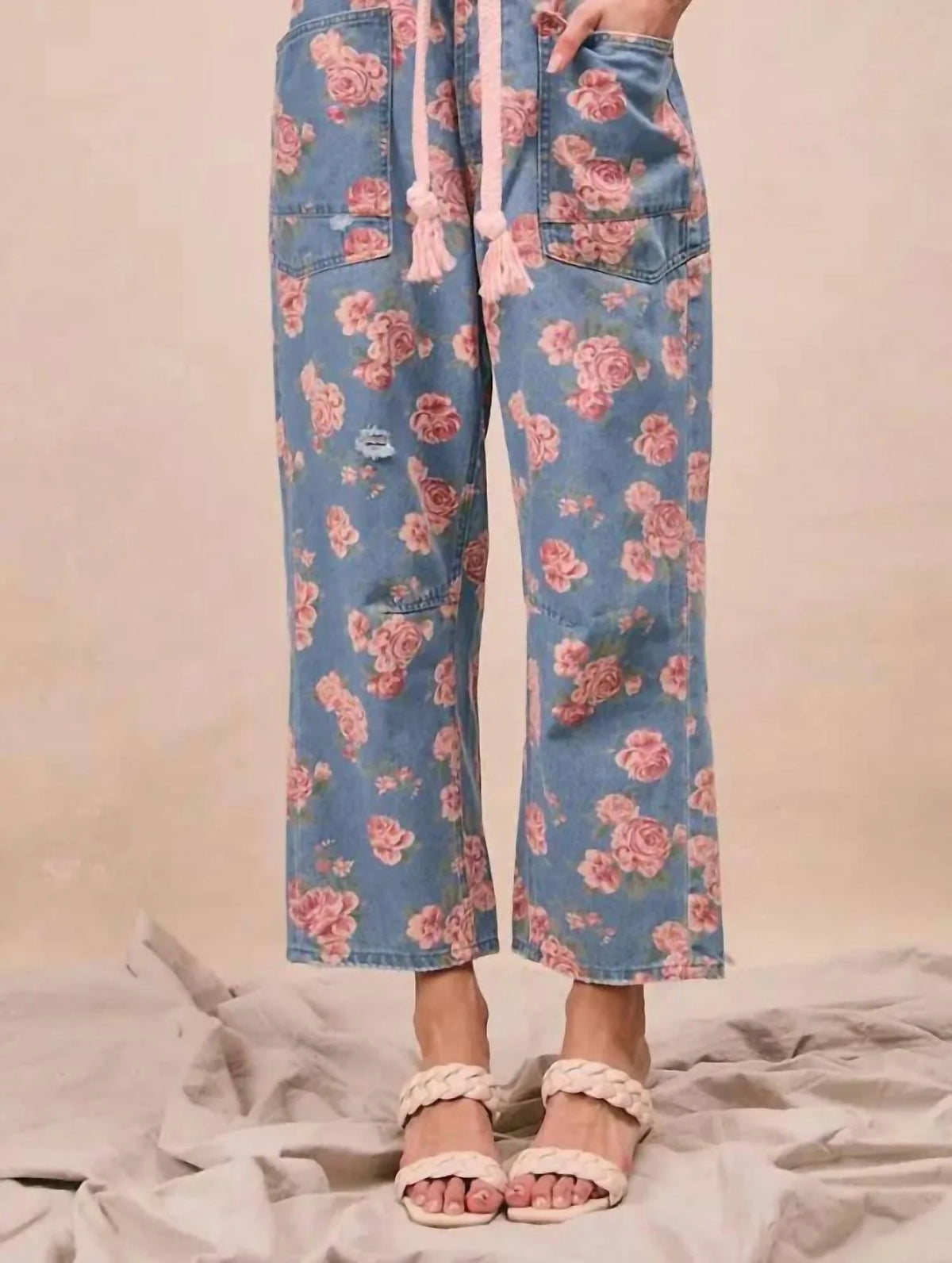 Braided Waist Belt Patch Pockets Floral Print Pants