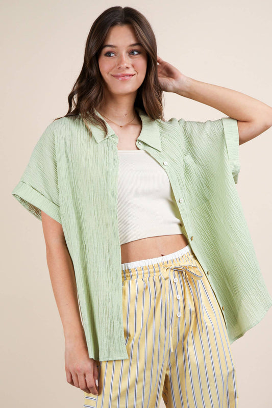 Oversized Dolman Sleeve Crinkled Woven Shirt Top