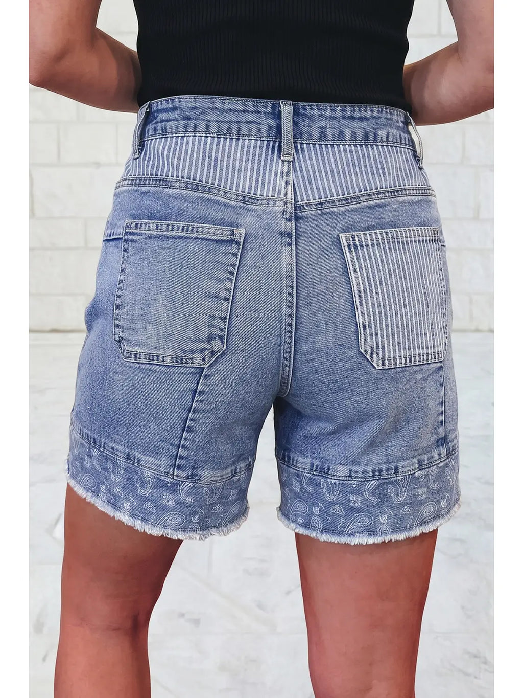Striped Paisley Mixed Patchwork Raw Hem Stretch Denim Shorts