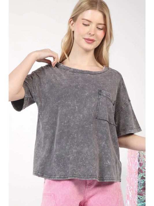 Short Sleeve Washed Knit Pocket Top - Plus Size