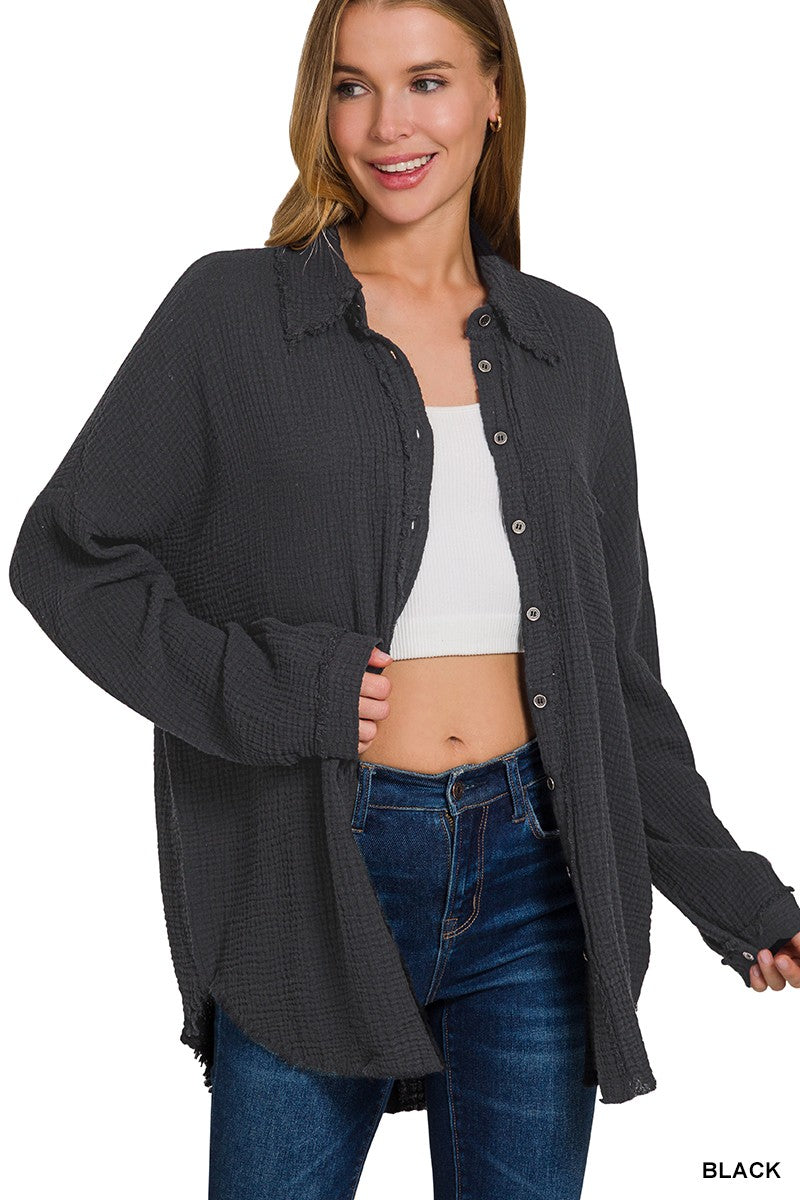 Double Gauze Oversized Raw Edge Black Shirt