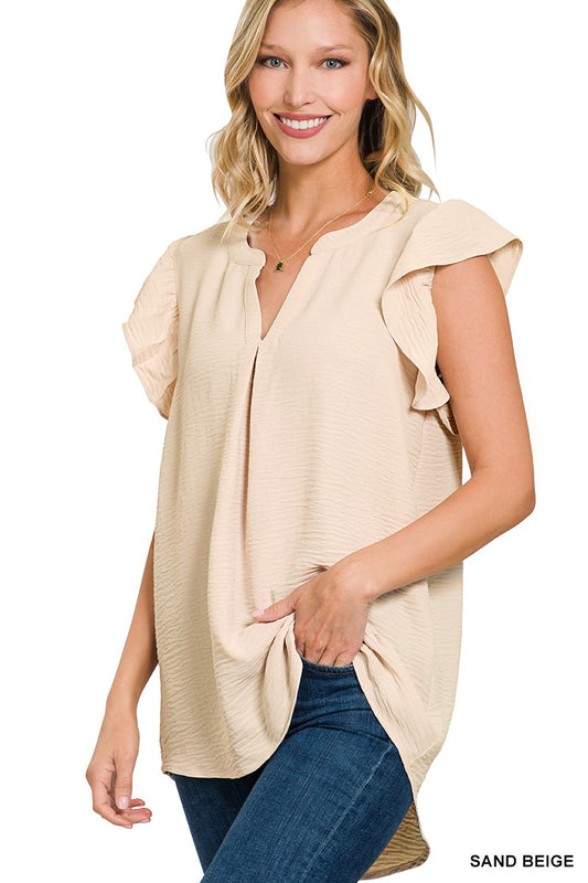 Woven Airflow Ruffled Sleeve High-Low Top - Sand Beige