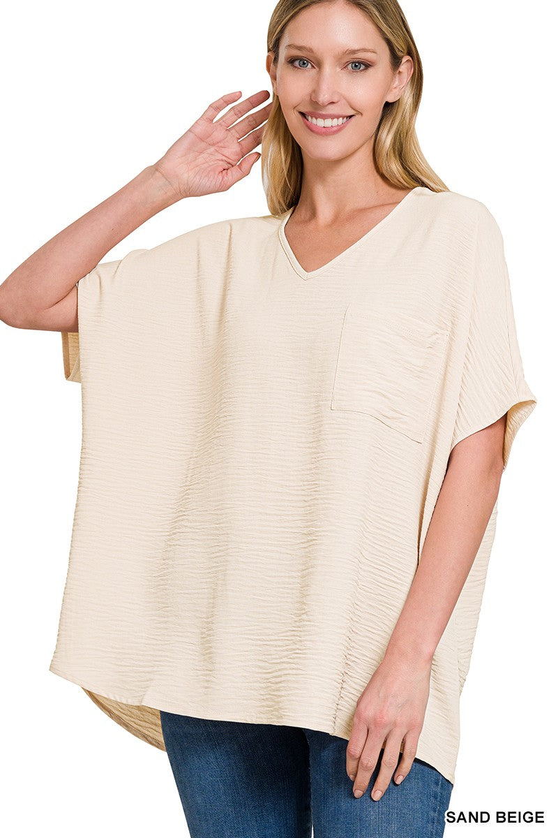 Woven Airflow V-Neck Dolman Short Sleeve Top