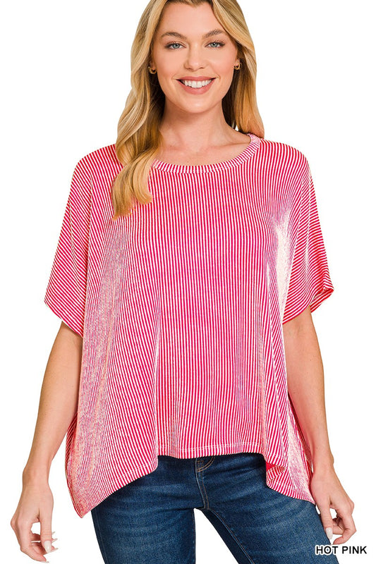 Ribbed Striped Oversized Short Sleeve Top PINK