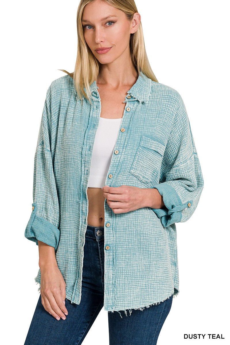 Washed Double Gauze Button Down Dusty Teal