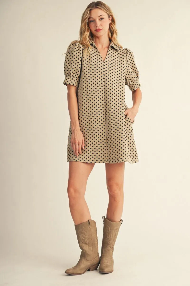 Puff Sleeve Polka Dot Taupe Dress