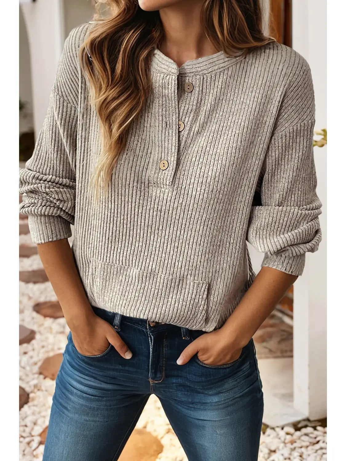 Ribbed Texture Drop Shoulder Henley Knit Top