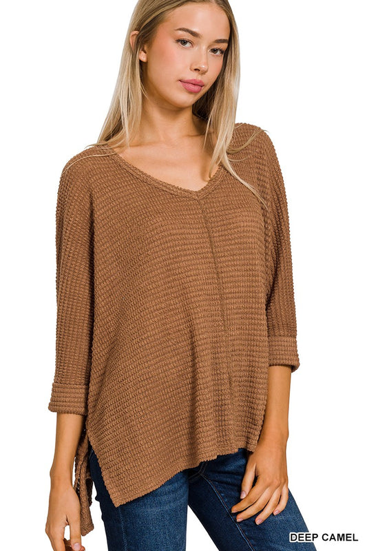 Quarter Sleeve V-Neck Hi-Low Jacquard Sweater