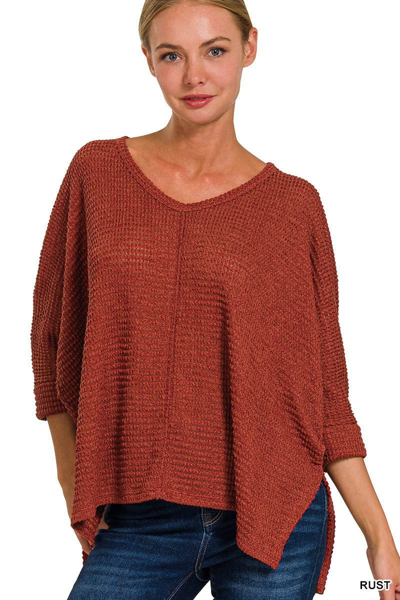 Quarter Sleeve V-Neck Hi-Low Jacquard Sweater