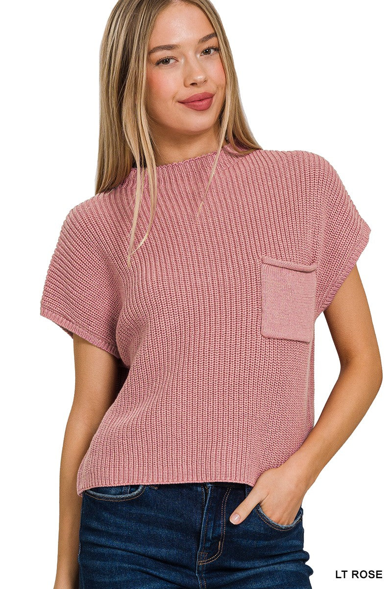 Mock Neck Short Sleeve Cropped Sweater - Light Rose