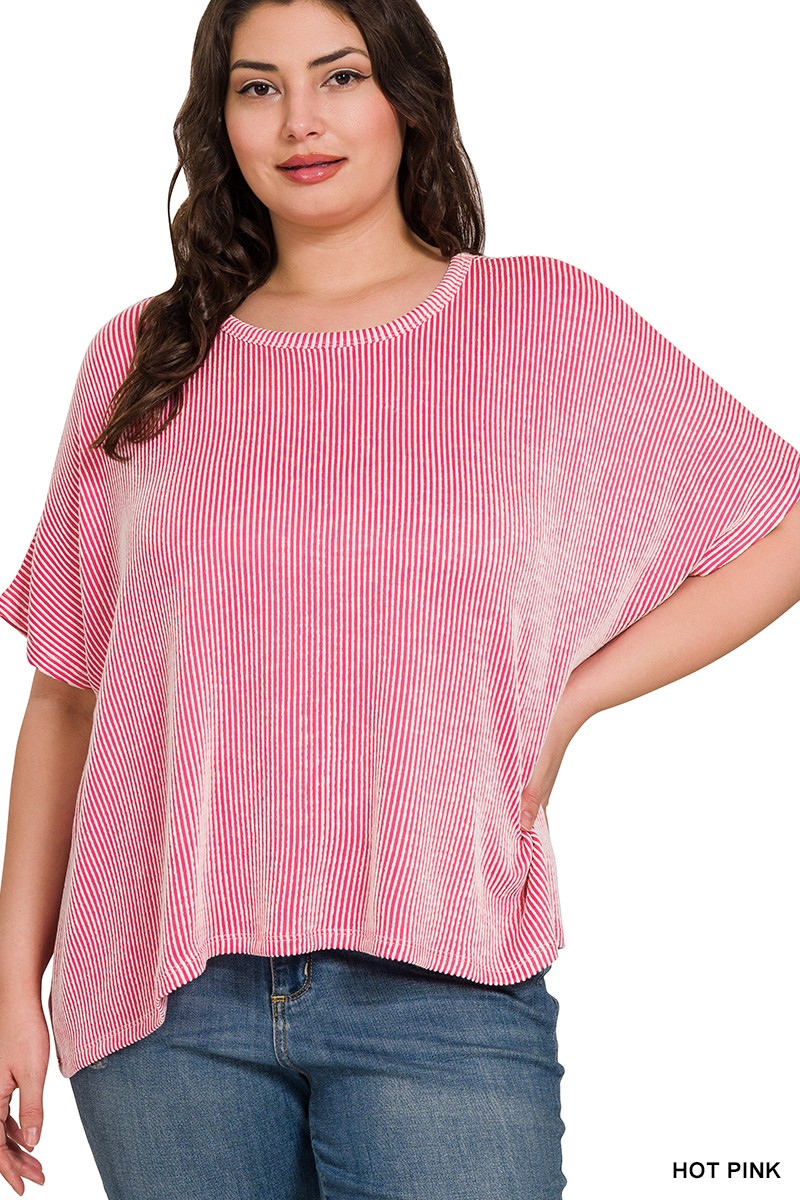 Ribbed Striped Oversized Short Sleeve Top PINK