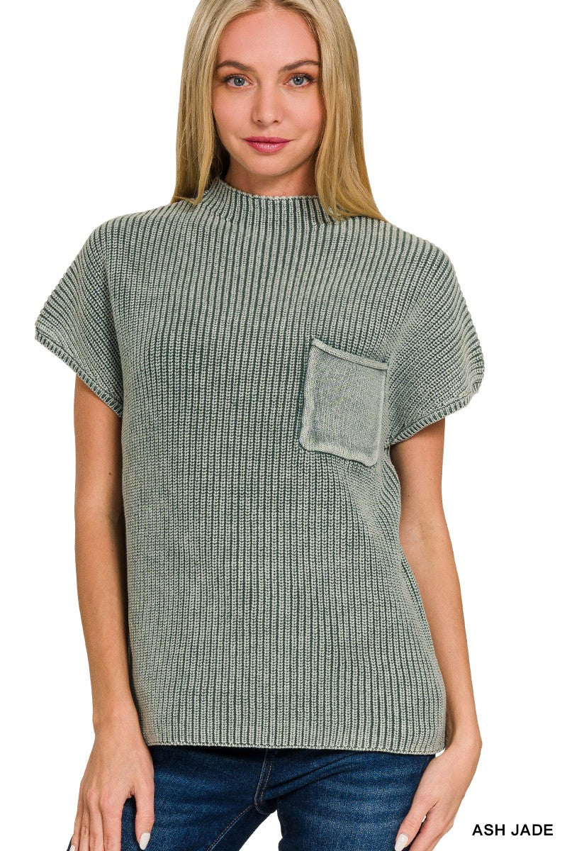 Washed Mock Neck Short Sleeve Sweater